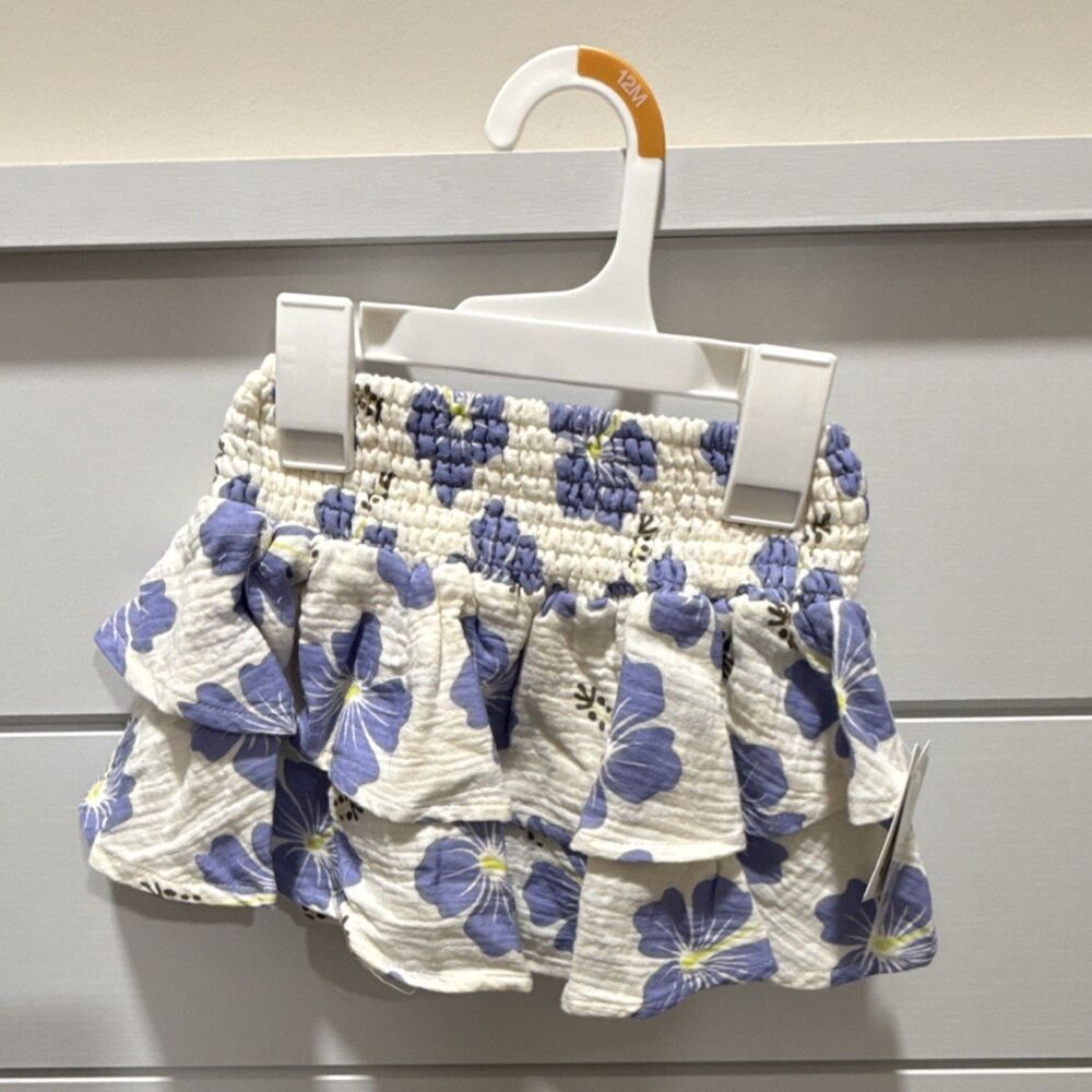 Grayson Girls Flare Skirt 12M White Blue Floral Ruffle 100% Cotton Elastic Waist
